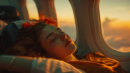 Woman peacefully sleeping in a plane