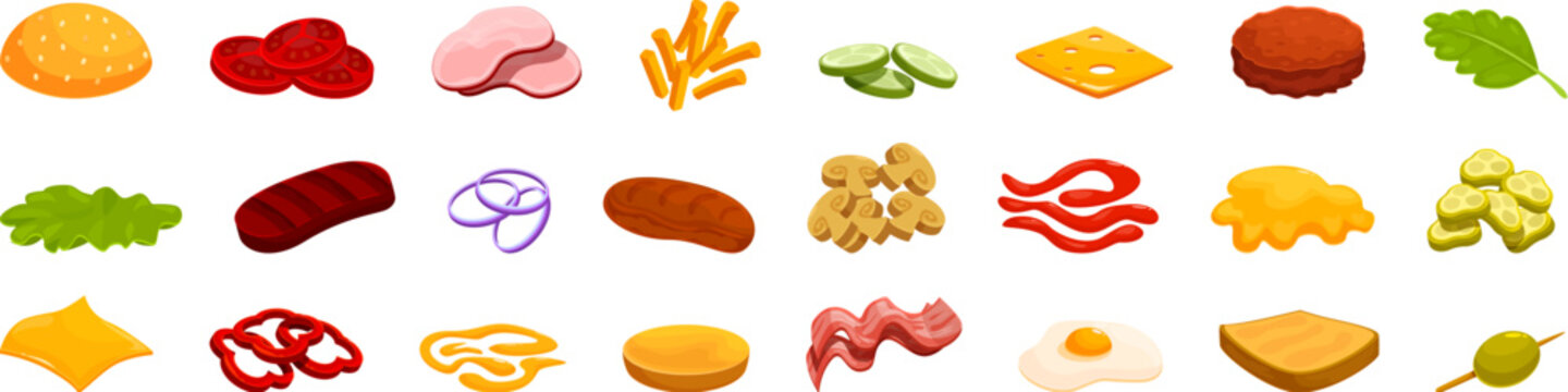 Flying burger ingredients icons set cartoon vector. Fast Food meal. Hamburger layer
