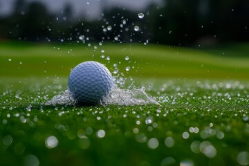 A golf ball is seen submerged in the water on a golf course, creating a challenge for the player, A golf ball landing on the green with a splash, AI Generated