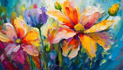 Impressionistic painting of vibrant flowers with bold brushstrokes and a lively color palette.