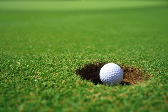 A golf ball sits nestled in a hole on a well-maintained grassy golf course, A golf ball nearing the hole on a golf green, AI Generated