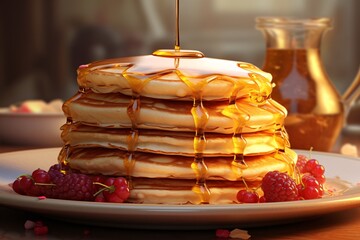 a stack of pancakes with syrup on top - obrazy, fototapety, plakaty