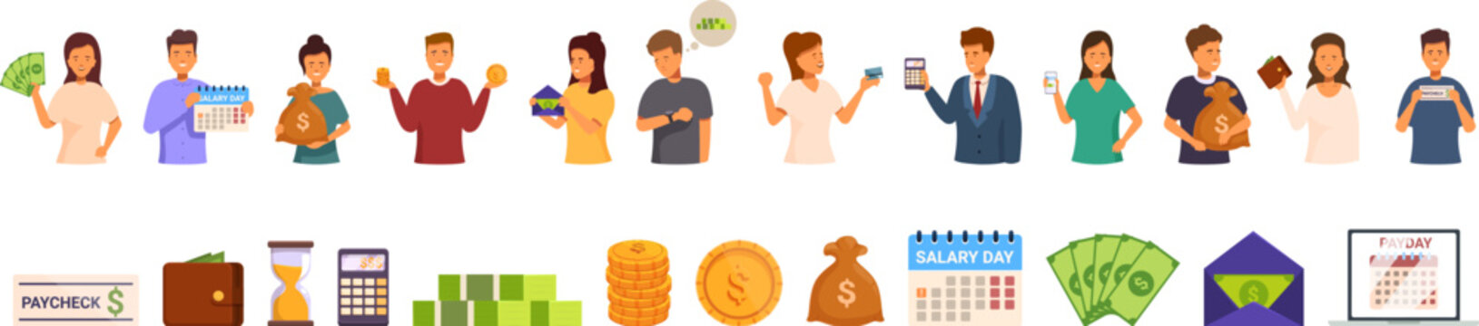 People payday icons set cartoon vector. Event paycheck. Salary payroll