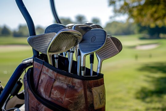 A detailed view of a bag filled with various types of golf clubs, including drivers, irons, and putters, A golf club bag filled with various clubs on a golf cart, AI Generated