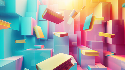 A colorful room with many books flying around