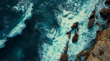 Aerial View, Coastal Rocks and Deep Blue Ocean Waves from Above