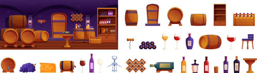 Wine cellar interior icons set cartoon vector. Wooden barrel. Shelf rack alcohol