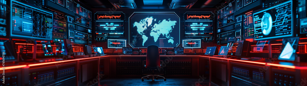 Wall mural a computer room with a large monitor showing a map of the world