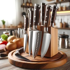 Fotobehang set of kitchen knives on kitchen background © Oleksiy