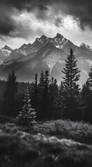 Professional monochrome photography of coniferous forest, meadow and snowy mountain peak in clouds. Graphic black and white poster of wild autumn landscape. Photo shot for interior painting.