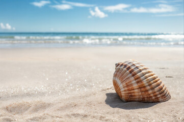 Fototapeta na wymiar Seashell on Sunlit Beach: Tranquil Scene with Ocean Horizon