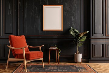 Vintage wall with shabby paint and red armchair, with empty mockup poster frame.