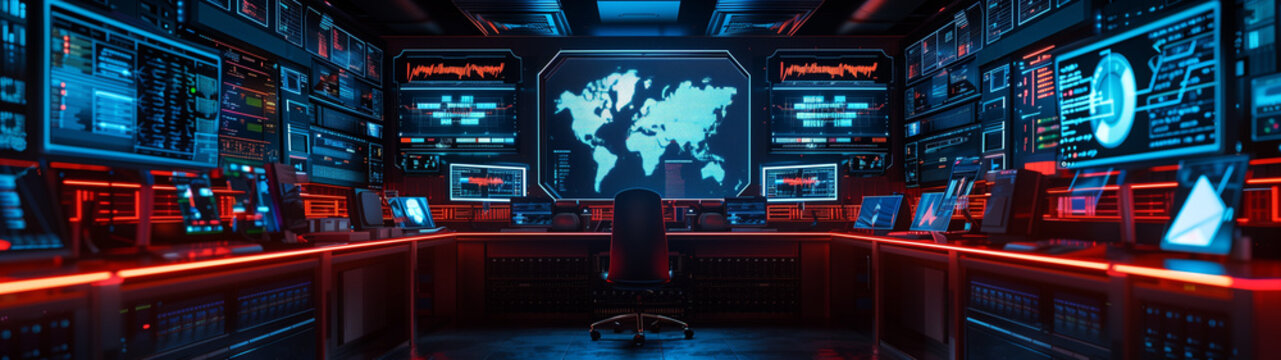 A computer room with a large monitor showing a map of the world