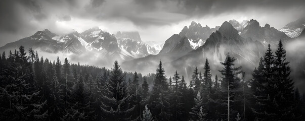 Professional monochrome panorama of coniferous forest and snowy mountain range in clouds. Graphic black and white poster of wild landscape. Photo shot for interior painting.