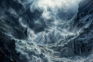 Majestic Cliff Waterfall: Cascading Flow and Misty Spray