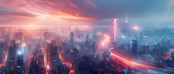 A city skyline with a bright orange sky and a red and blue highway