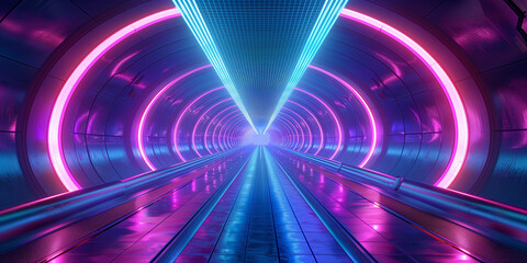 A long tunnel with neon lights and a blue and pink color scheme