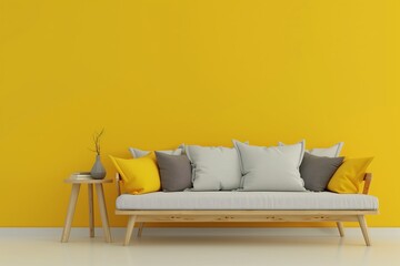 Scandinavian interior design of modern living room, home. Cozy sofa with grey and yellow pillows and side table near yellow and grey wall with copy space.