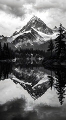 Professional monochrome photography of mountain lake with reflection of forest, mountain peak and clouds. Graphic black and white poster of landscape with lake. Photo shot for interior painting.