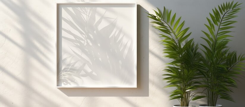 A rectangle picture frame hangs on a white wall next to a potted terrestrial plant. The frame is made of wood and glass, adding a touch of evergreen shades to the room
