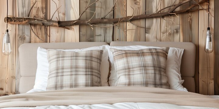 Rustic wooden branch wall decor over bed with white pillos and beige plaid. Farmhouse, country interior design of modern bedroom.