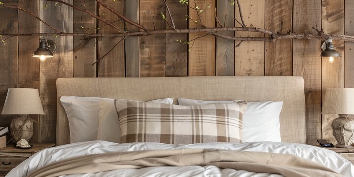 Rustic wooden branch wall decor over bed with white pillos and beige plaid. Farmhouse, country interior design of modern bedroom.