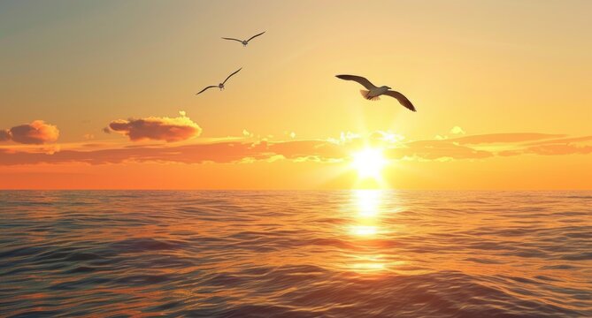 Seagulls flying over the ocean at sunset with empty space below, wide scenic view The sun is setting in the background and there's an orange sky with a yellow glow above it Generative AI