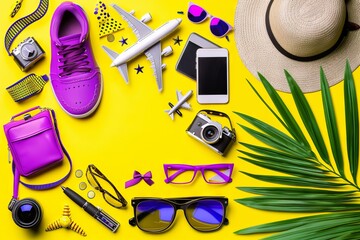 Hat and sunglasses, flatlay banner with copy space. Concept: vacation and travel, sun protective clothing