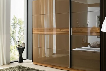 Fototapeta premium Wooden wardrobe with glossy sliding doors in minimalist style interior design of modern bedroom