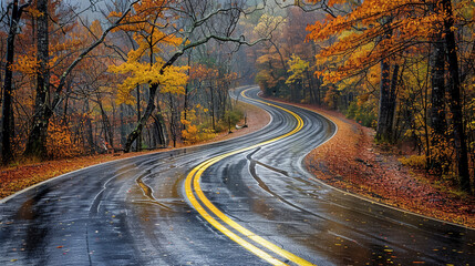 Fototapeta premium Fall Foliage Journey, Scenic Wet Road in Vibrant Forest