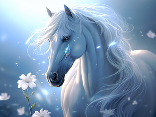 Obraz na płótnie Canvas Mystical White Horse with Glowing Mane and Floral Magic 