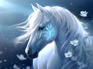Mystical White Horse with Glowing Mane and Floral Magic
