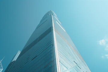 low angle photo of glass skyscraper in Hong Kong, clear sky, sunny day, blue color theme, reflection on windows, busy cityscape, professional photography, highly detailed