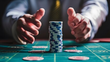 close up stacked casino poker chip on hand - obrazy, fototapety, plakaty