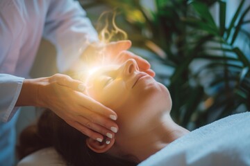 A woman lies on a massage table at a spa as a therapist gently massages her face, A holistic healer performing reiki on a patient, AI Generated - obrazy, fototapety, plakaty
