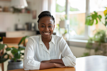 Portrait of a smiling African American woman sitting at a table in a bright home office, looking at the camera