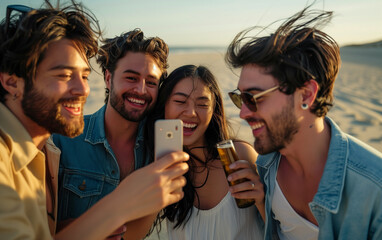 A candid beach photo captures a group of friends taking selfies with beer bottles, their smiles reflecting the joy of a perfect summer day