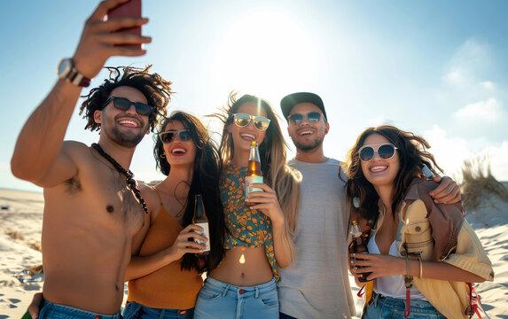 A candid beach photo captures a group of friends taking selfies with beer bottles, their smiles reflecting the joy of a perfect summer day