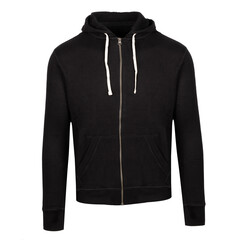A man is wearing a black hoodie with a white stripe