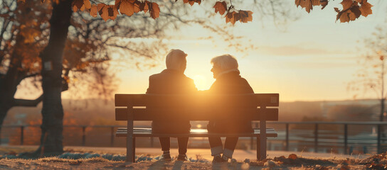 A happy senior couple sitting on a park bench, smiling at the camera with a blurred background of a sunset in the park. A closeup portrait of an elderly man and woman - obrazy, fototapety, plakaty