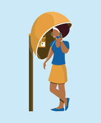 Vector illustration of a woman calling from an old public telephone in the city of Rio de Janeiro, Brazil.