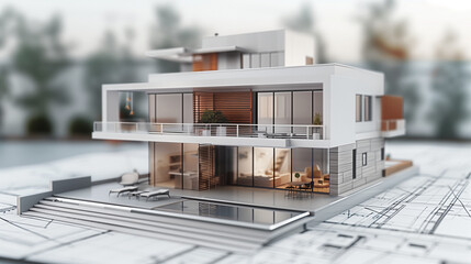 Close-up 3D rendering of a modern house model placed on top of an architectural blueprint