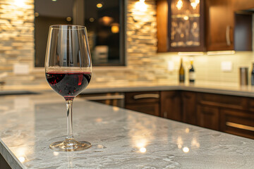 a glass of red wine on the bar counter in front view with beautiful lighting and a background showing a modern interior design with kitchen cabinets made from natural stone