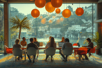 Vintage style discussion of a diverse team having an open discussion in the conference room with floor-to-ceiling windows overlooking water, and stylish chairs around a round table - obrazy, fototapety, plakaty