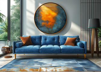 An abstract retro wall art mockup in a living room setting, featuring a blue sofa and armchair against a white background adorned with golden circles.