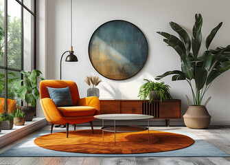 An abstract composition of teal, mustard, and blue circular shapes adorns a white wall in a modern living room interior