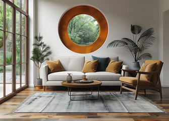 An abstract composition of teal, mustard, and blue circular shapes adorns a white wall in a modern living room interior