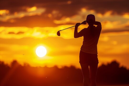 A stunning photo capturing the silhouette of a golfer playing against a colorful sunset backdrop, A lady golfer preparing for a swing against sunrise, AI Generated