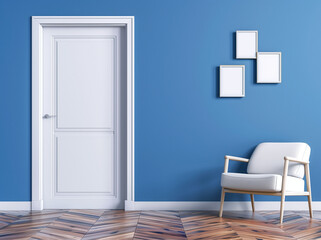 Minimalist interior design of a modern living room featuring a simple white door frame next to an armchair against a blue wall