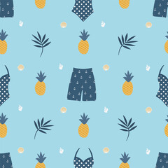 Summer pattern. Seamless template with blue swimsuits, pineapples, shells, tropical leaves. Vector illustration on blue background